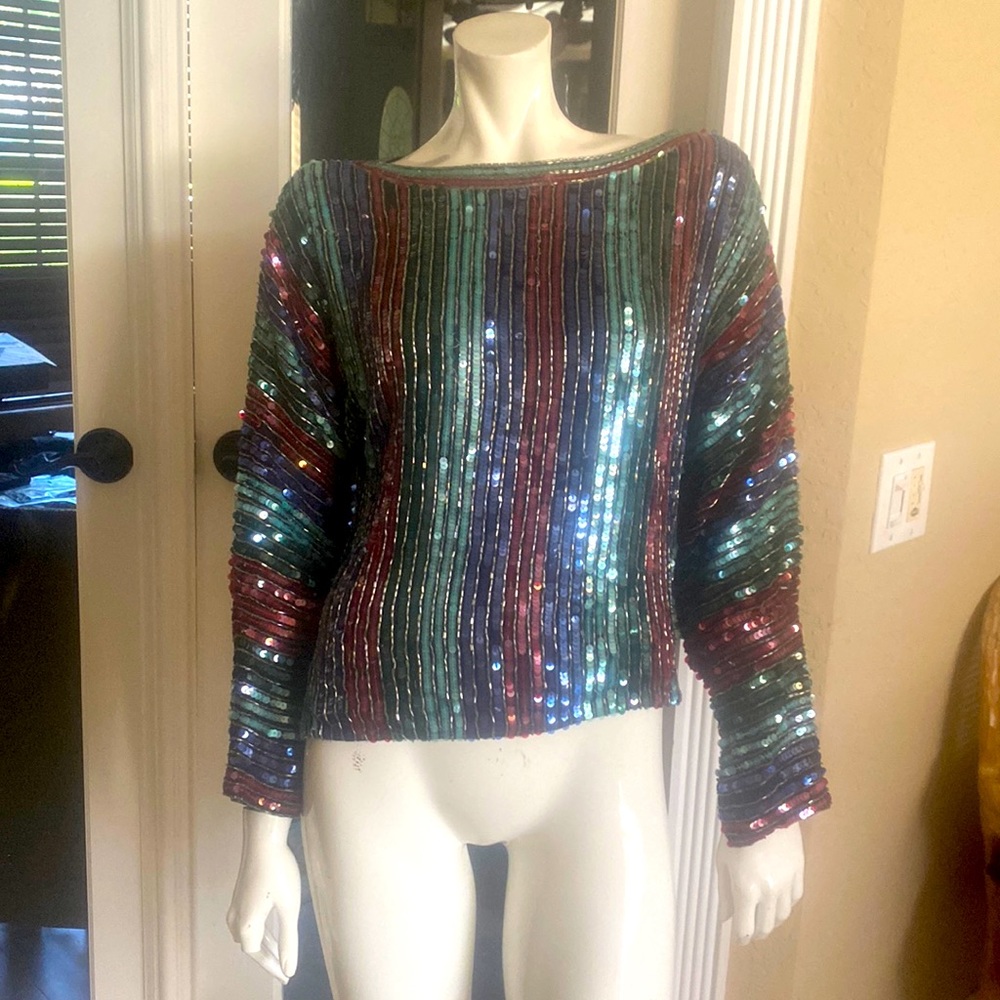 Swee Lo Multicolor Beaded Sequins Top Sz M